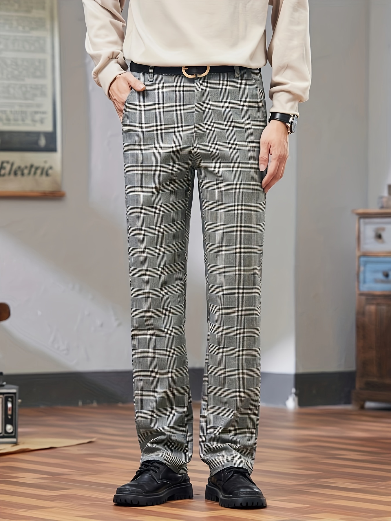 men's fit plaid dress pants cotton blend stretch fabric Temu