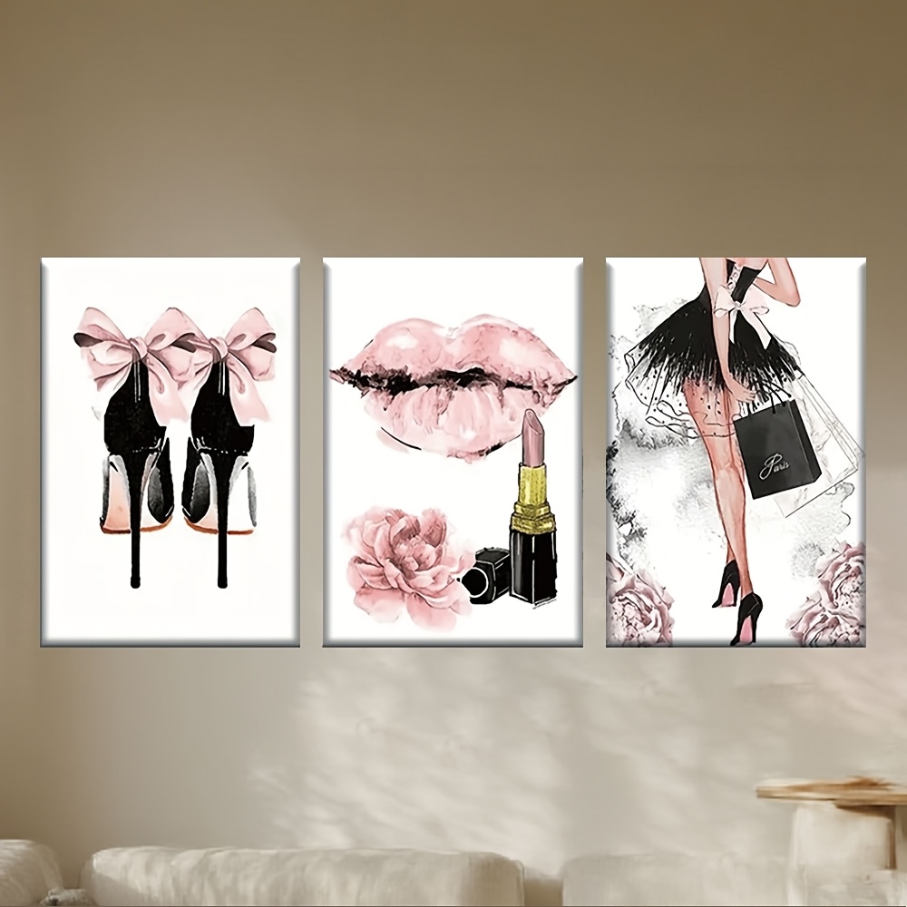 TEMU [jit]3pcs/set, Canvas Painting--unframed, Woman In Dress And Heels With Pink Flower, Artist Drawing Set, Library, Office, Living Room, Bar,