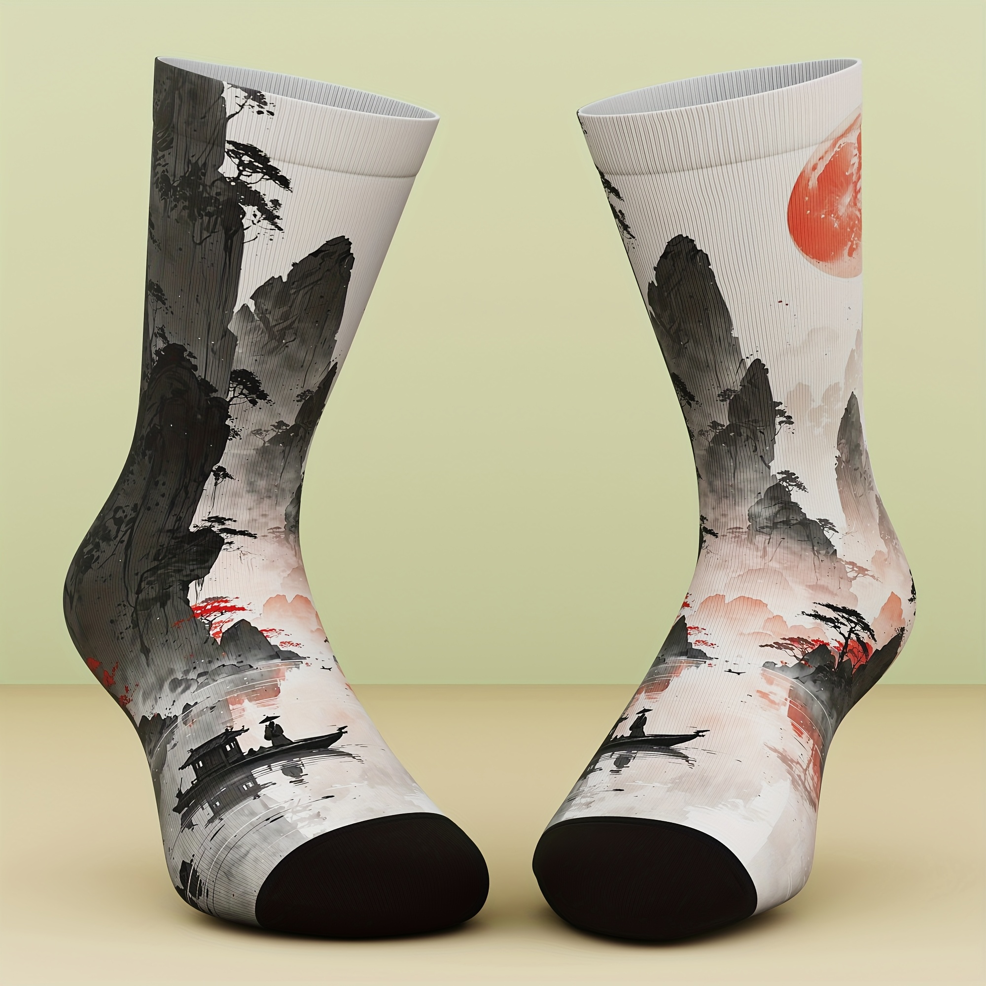 TEMU 1 Pair Of Unisex Socks, Mountain Stream Fisherman Pattern, Fresh And Bright, Stylish And Comfortable, Novelty Sock Gift, Outdoor Sports, Machine