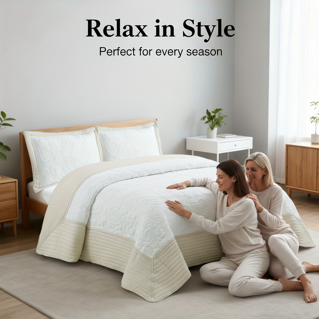 King Size 3pcs Embroidered Quilt Bedspread Set - 240X260Cm, Available in 4 Soft Pastel Shades (Light Blue/Beige/Soft Gray/Pink), Featuring a Quilted Pieced Border, Ideal for Master Or Guest Bedrooms And Home Decoration