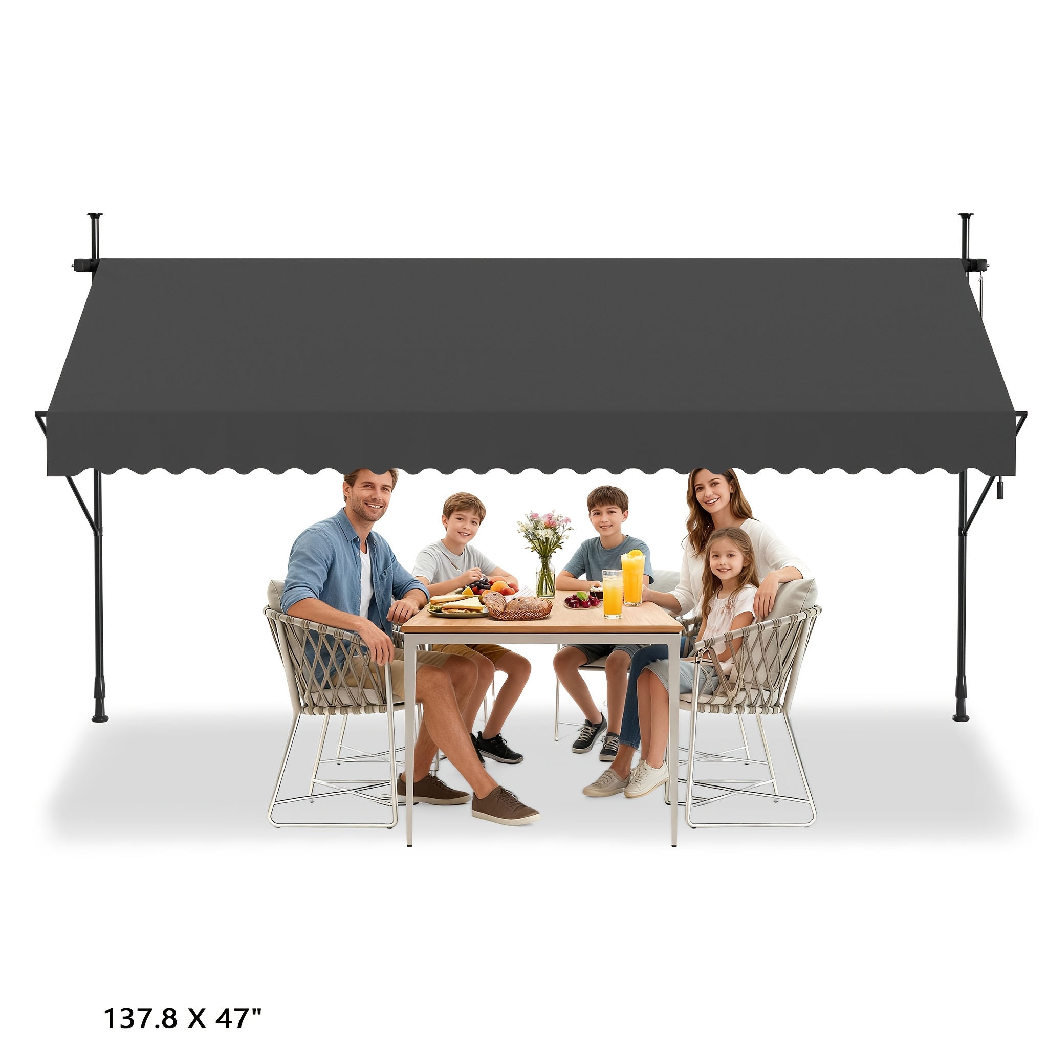 TEMU Retractable Patio Awning Measuring 137.8 Inches, Featuring A Manual Crank Handle, Designed As A Sunshade Shelter For Outdoor Patios. This Canopy