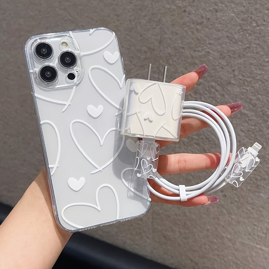 

5pcstrendy Love Printed Transparent Phone Case + Charger Protector Cover With Anti-bite