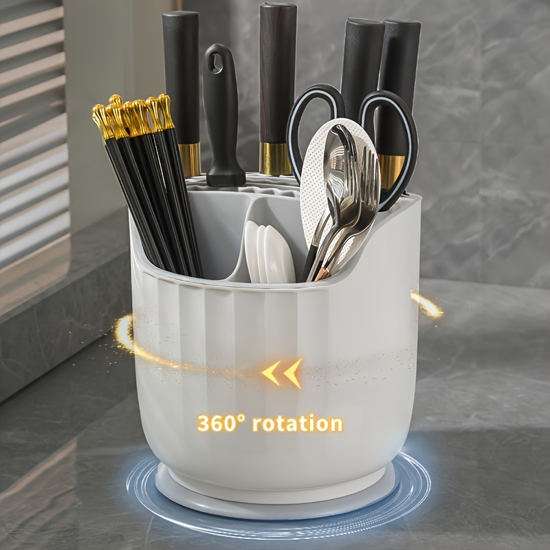 Versatile Kitchen Organizer - Rotating Knife & Utensil Holder With Drainage, Spoons, Chopsticks, Forks - Durable Pp Material