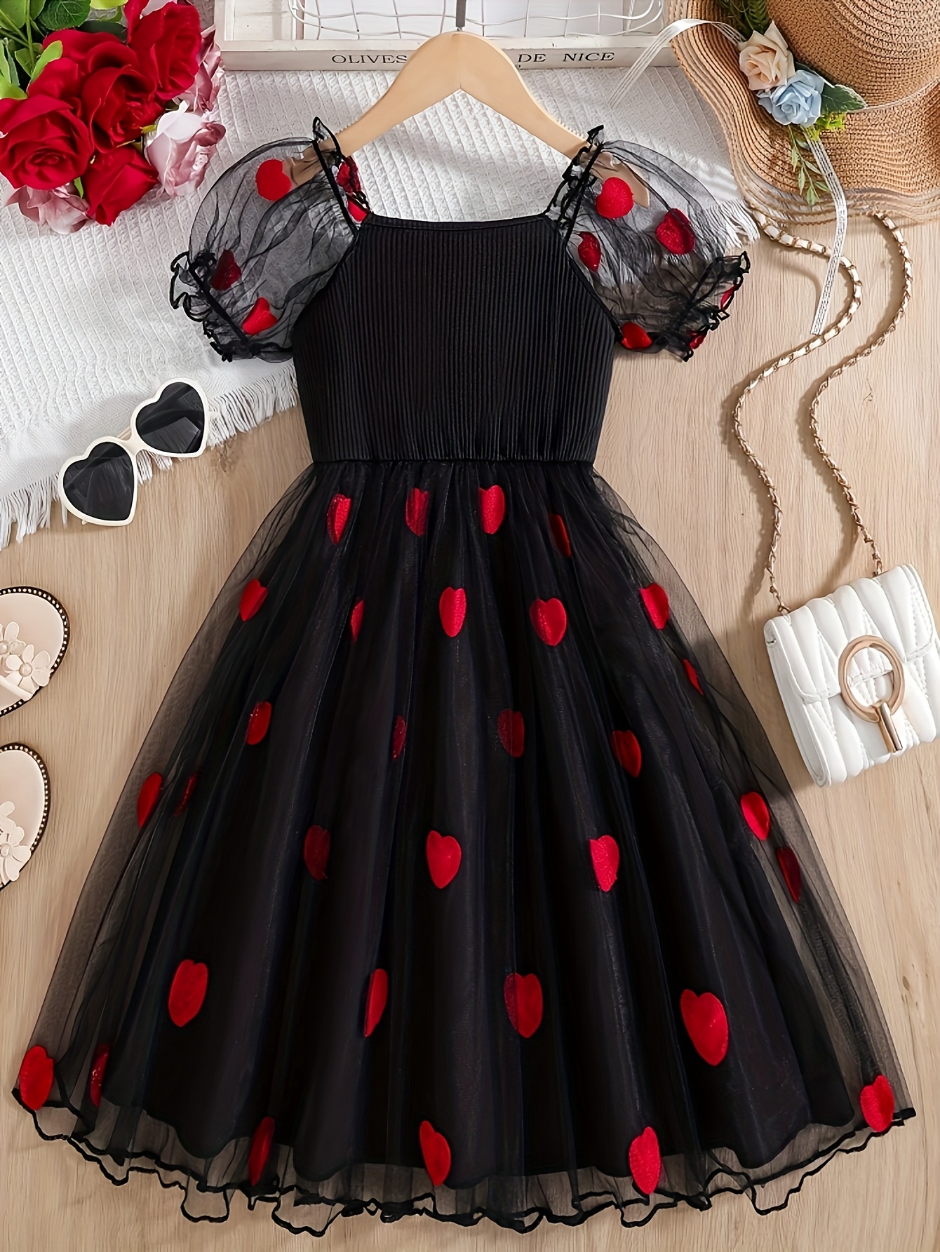 * Black and Red Heart Mesh Dress for Girls * Parties and * Machine Washable  * Valentine's Day Outfit