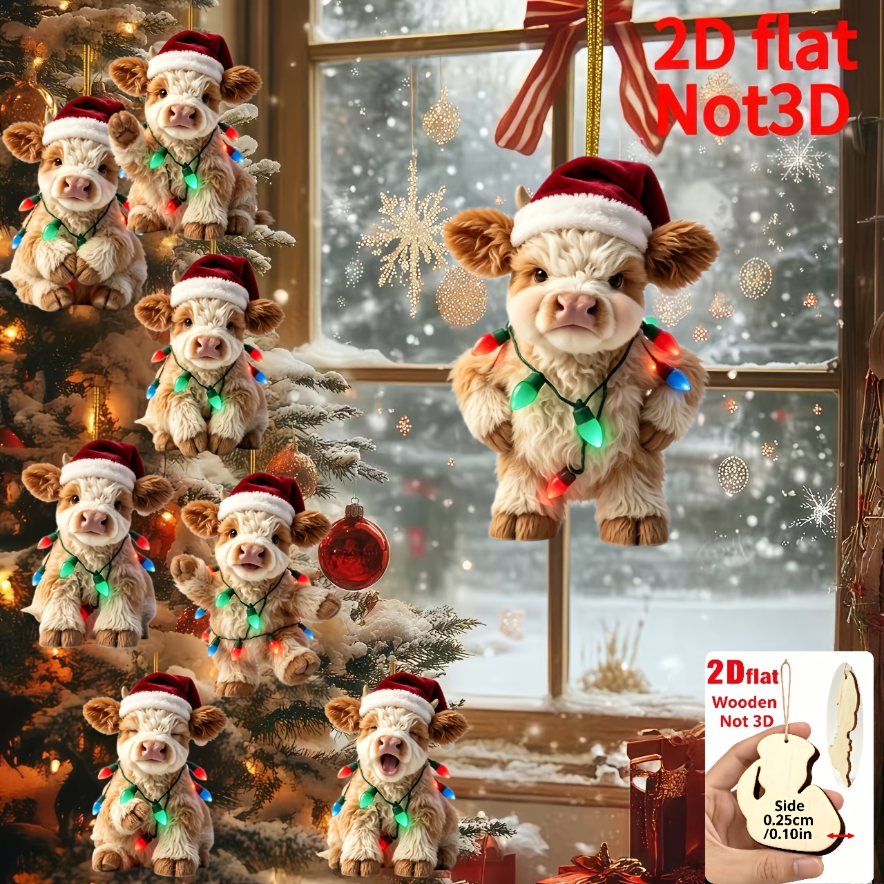 TEMU 2d Flat, 8pcs, 2d Embossed Wooden Material Home Ornaments, Christmas, Mother's Day, Father's Day, Highland Cow Patterns With Various Actions And