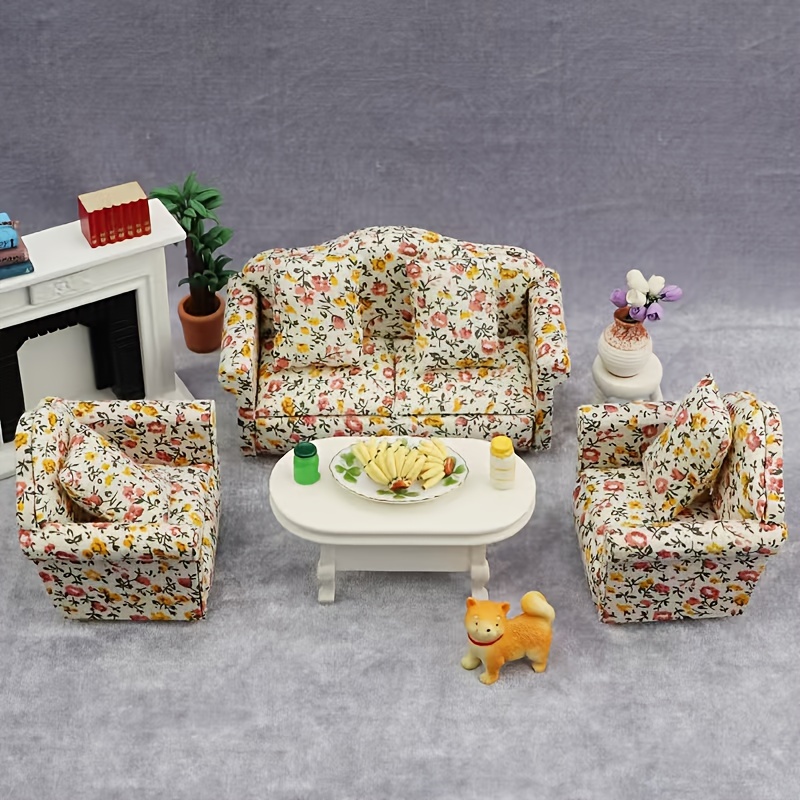 

1:12 Scale Dollhouse Living Room Furniture Set, Floral Pattern Sofa With Pillows, Wooden Miniature Party Decor, No Electricity Required