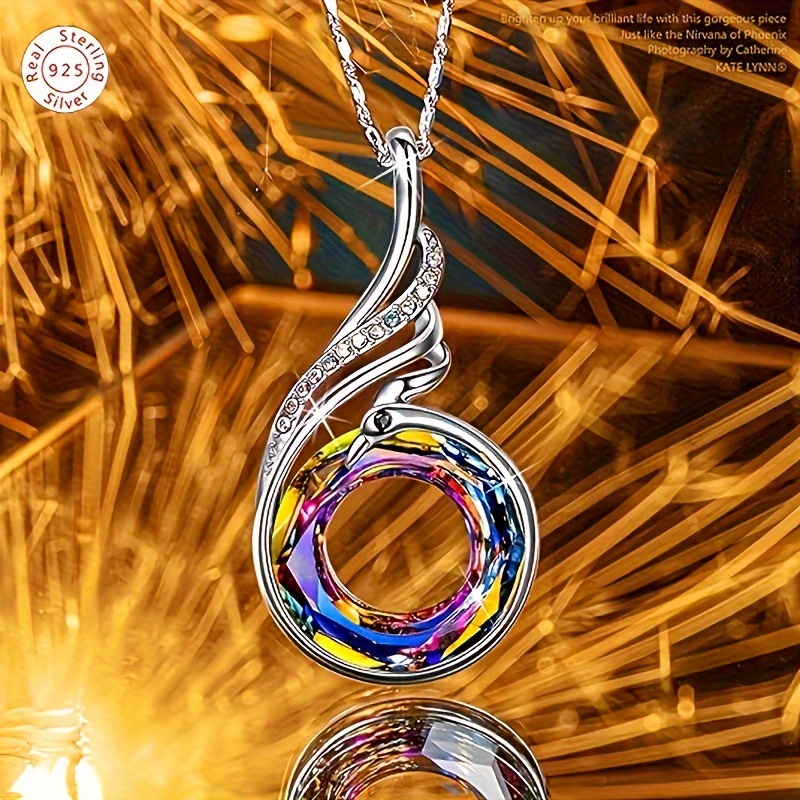 925 Silver Phoenix Round Crystal Pendant Necklace for Casual Attire