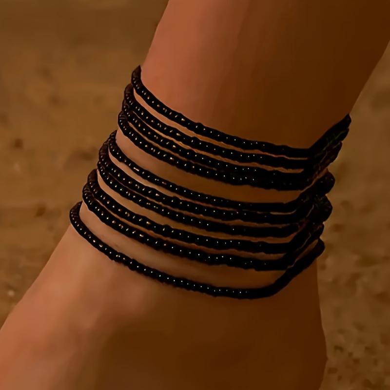 E-shop 10 Stück Schwarze Mini--Stretch-Seils-Fußkettchen für Frauen - Bohemische Ethnische Minimalistische Knöchelarmbänder, Elastisch Verstellbar Ohne