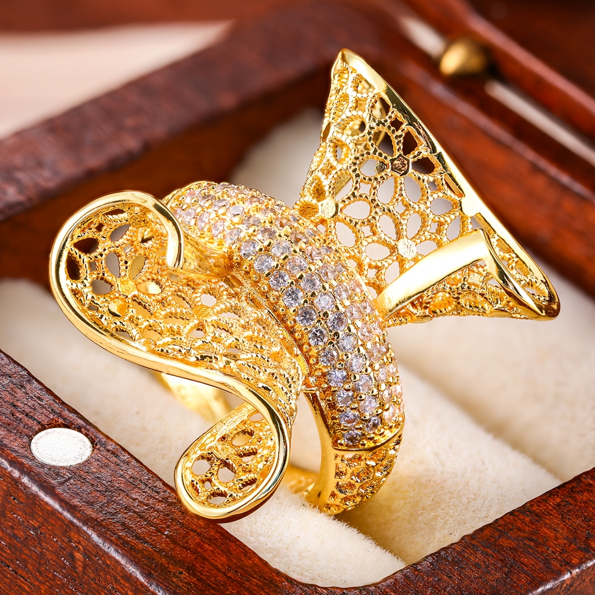 TEMU 1pc Women's Hollow Golden-tone Ring | Synthetic Cubic Zirconia | Fade-resistant | Perfect Gift For Festivals, New Year And Banquets