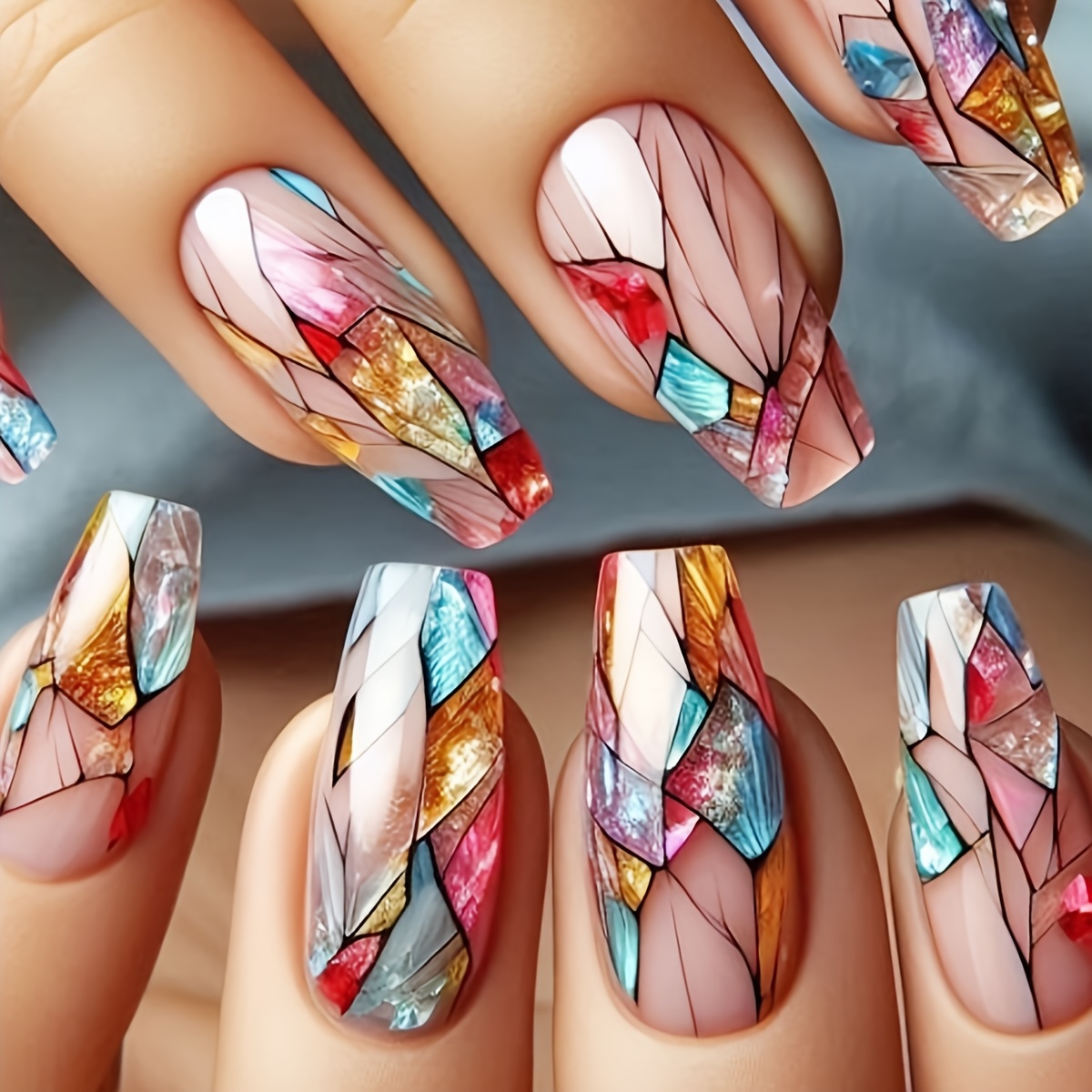 TEMU 24 uñas postizas de presión para mujer - Forma de ballet , color nude geométrico, cobertura total reutilizable, con puntas de ataúd acrílicas