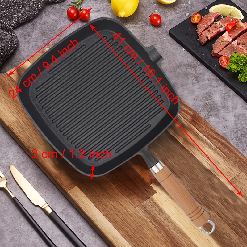 cast iron pan non stick baking pan steak pan wooden handle steak special pan   thickened steak pan multi functional baking pan with pouring mouth square large cooking surface durable frying pan indoor and outdoor barbecue 3