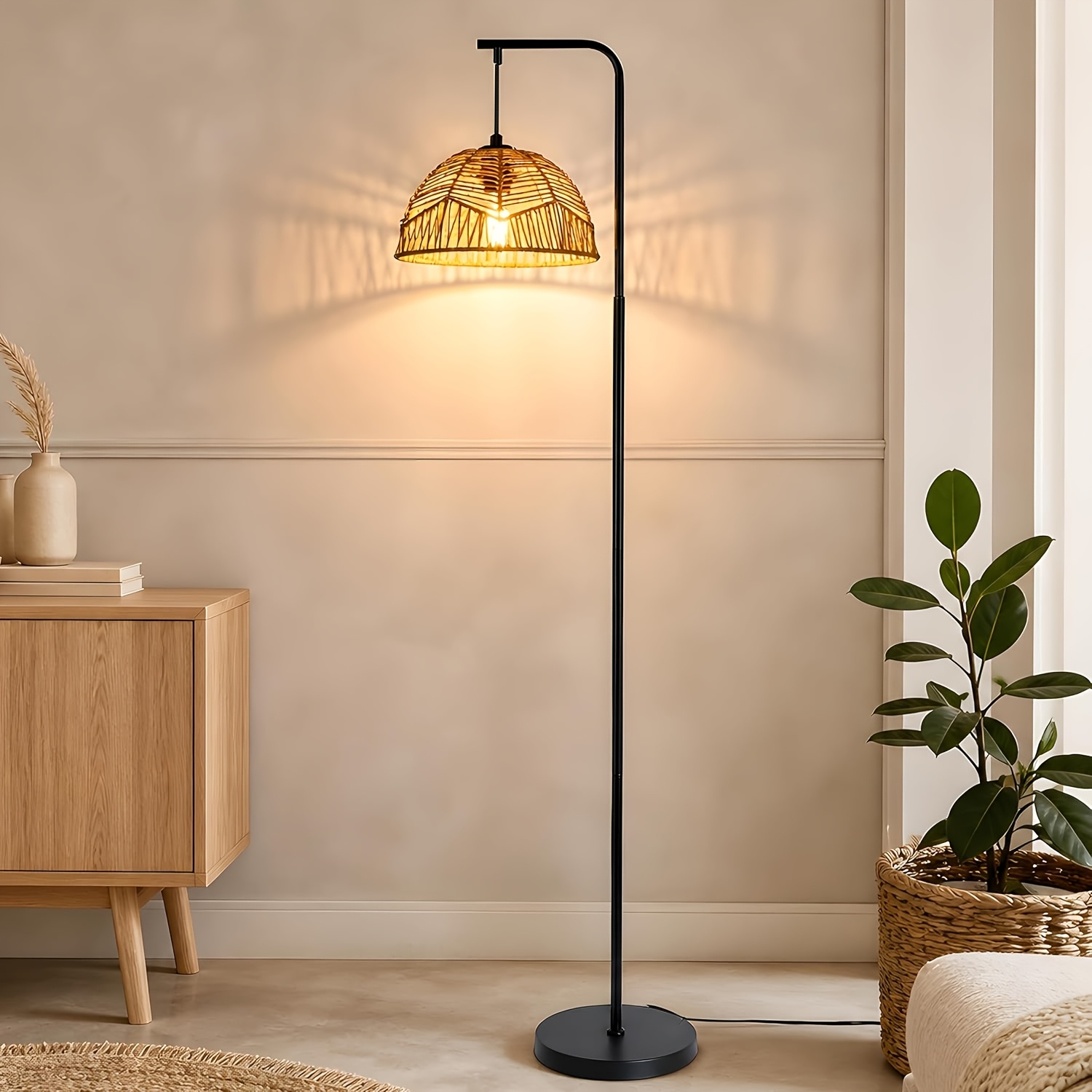 Image of Bohemian Style Wicker Living Room Floor Lamp, E27 Socket Office Floor Lamp, Vintage Style, Single-, 164 Cm Tall, Suitable For Bedrooms, Patios, And Offices, Equipped With A Switch, Bulb Not Included