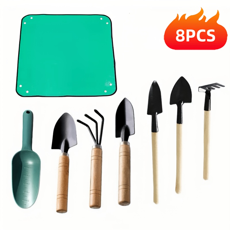 Image of [8pcs Set] Gardening Tool Kit With Pot Mat - Mini Shovel, Rake, Trowel, Spoon, And Loosener For Succulents - Perfect For Potting, Transplanting, And Planting, Ideal Gift For And Plant Lovers