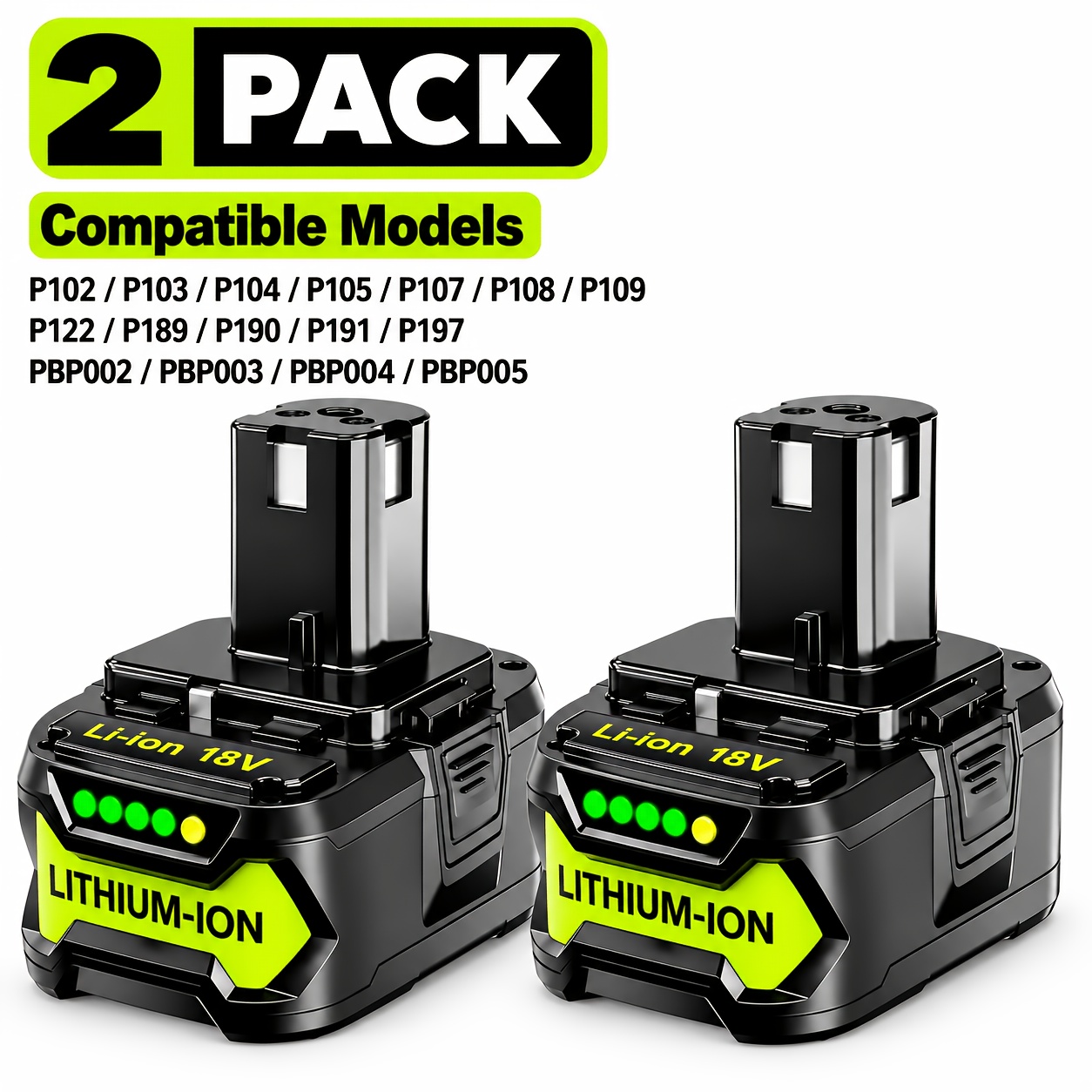 Image of 2-pack 8.0ah 18v P108 Replacement Battery For Ryobi 18v One+ Cordless Tool, Compatible With For Ryobi 18v Battery 2-pack, Fits One+ P108 P104 P105 P107 P109 P122 Cordless Tools, High Capacity