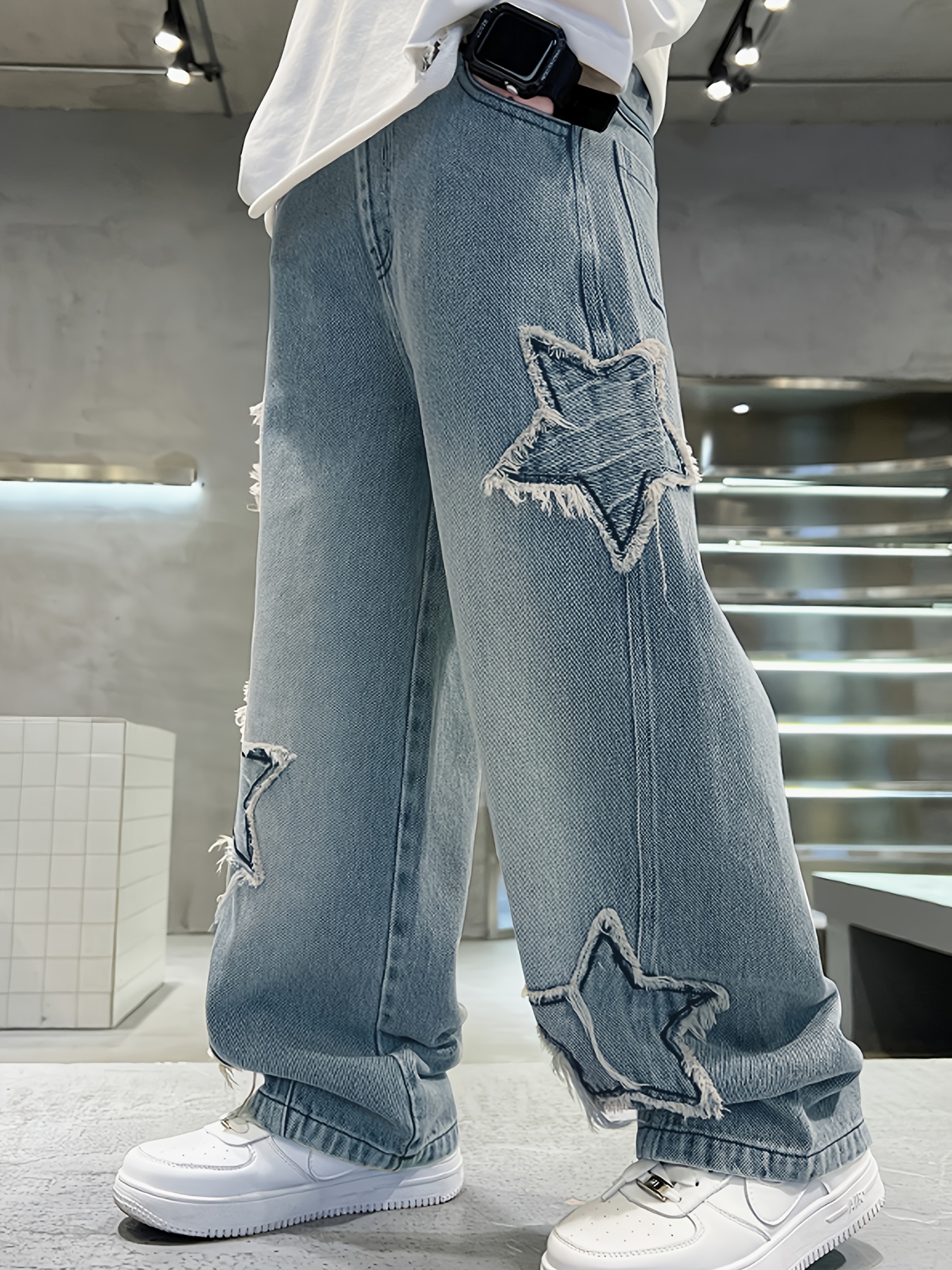 boys casual distressed star patch wide leg jeans loose fit Temu