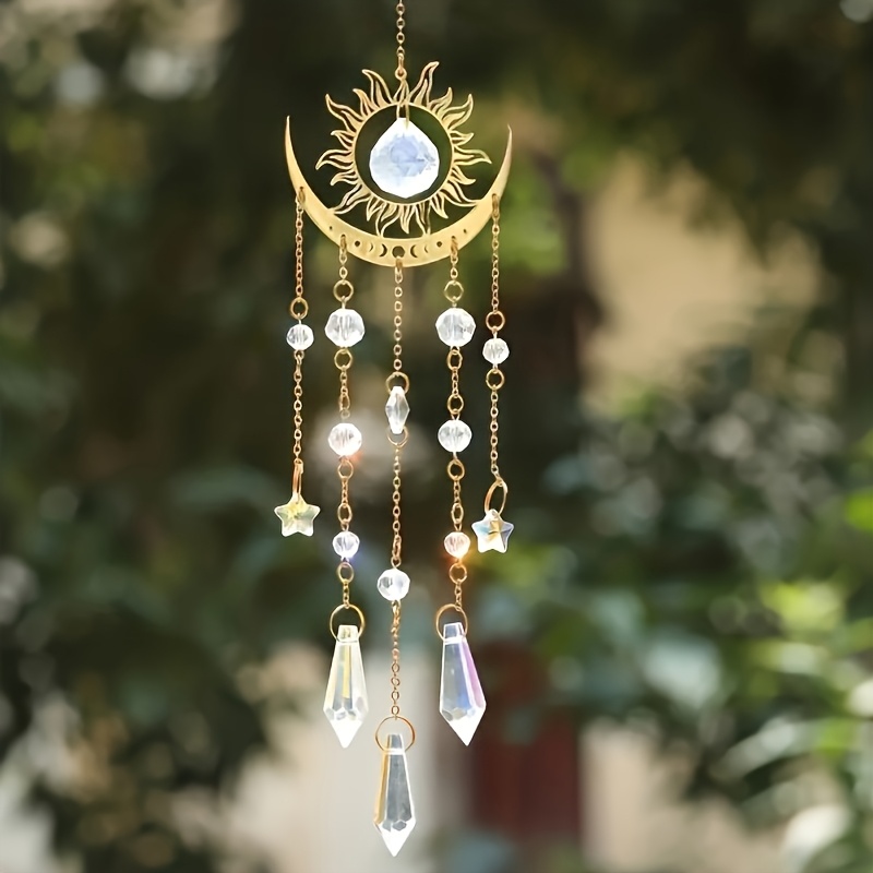 E-shop Goldene Flammenmond Kristallanhänger Sonnenfänger - Außengarten Hängedekoration für Zuhause, Zimmer, Fenster und Partydekoration -