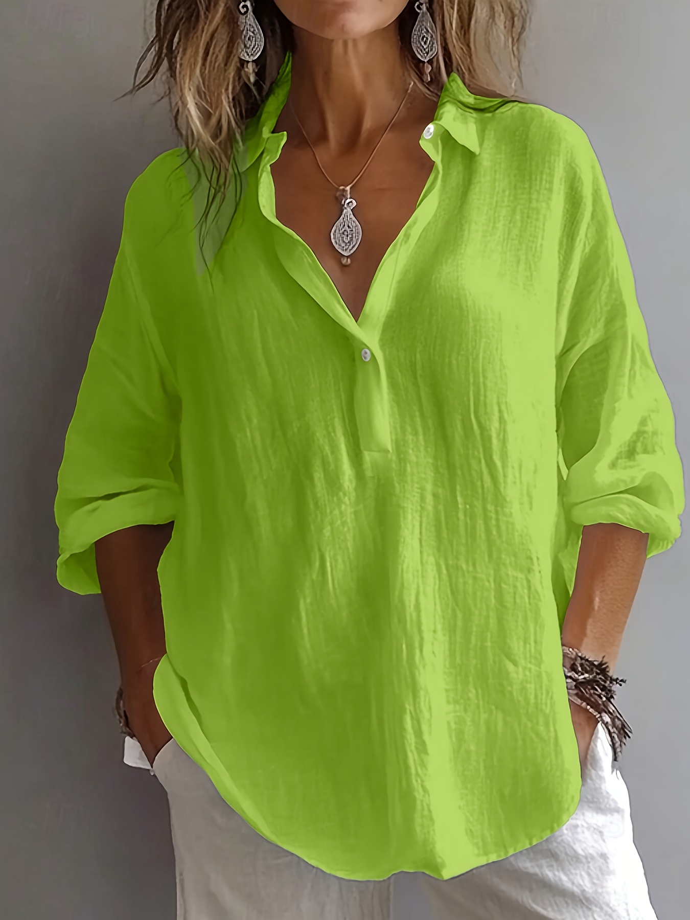 plus size new stunningly elegant versatile plus size womens shirt with half open collar and long sleeves