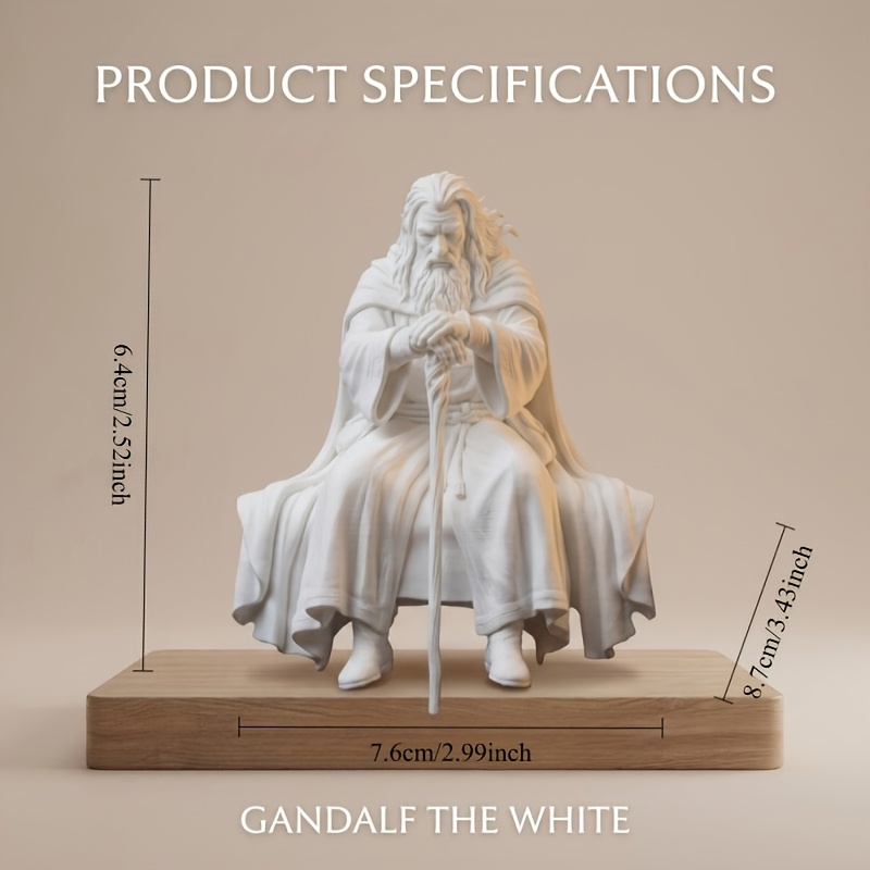 TEMU Gelicenseerde Gandalf Witte Gewaad Beeldje, PLA Gegoten in Één Stuk. Voorzien van Fijn Gedetailleerd Haar, Baard, Gewaad en Staf. Ingebouwde