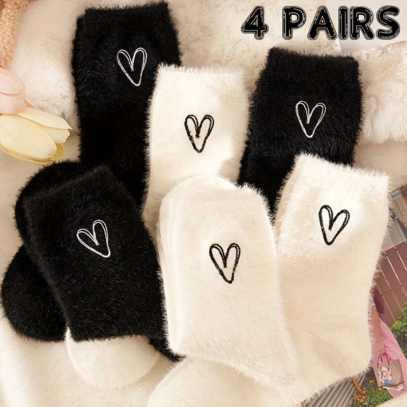 

4 Pairs Cozy Fuzzy Women's Ankle Socks, Black And Pattern, Polyester , , Machine Washable - Winter Short Socks