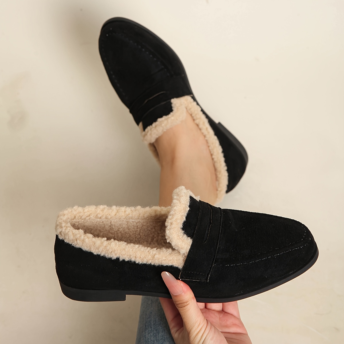 TEMU Women's Loafers, Autumn Winter Versatile Lazy Round Toe Casual Fleece Warm Shoes, Easy Low Heel Non-tiring Large Size Women's Shoes For Daily ,