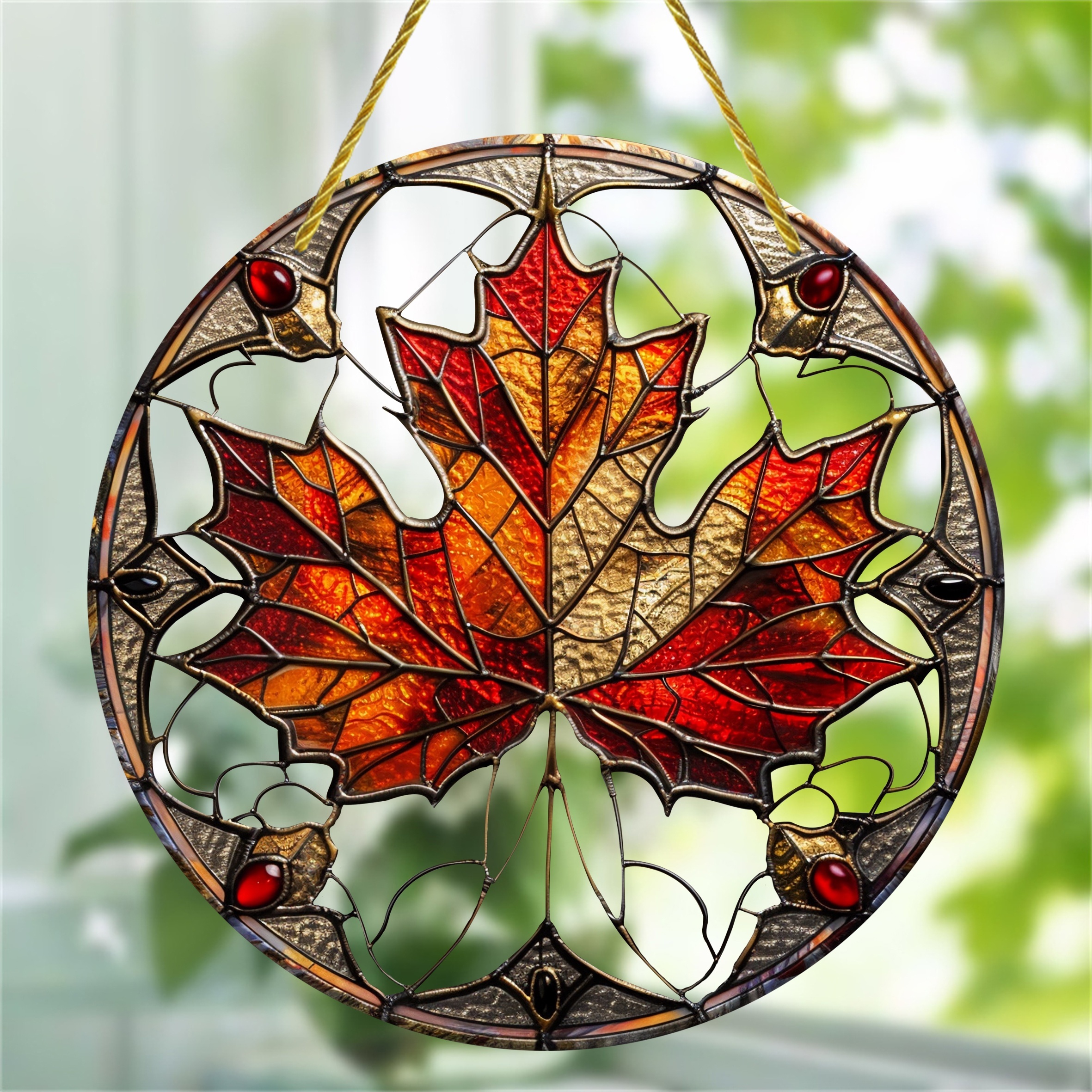 

1pc, Maple Leaf Suncatcher, Stained Glass Window Hanging, Acrylic Sign, Circular Wreath Decor (6x6 Inches 15cmx15cm), Elegant Window, Porch, Wall Art For Home And Room Decor, Plant Theme