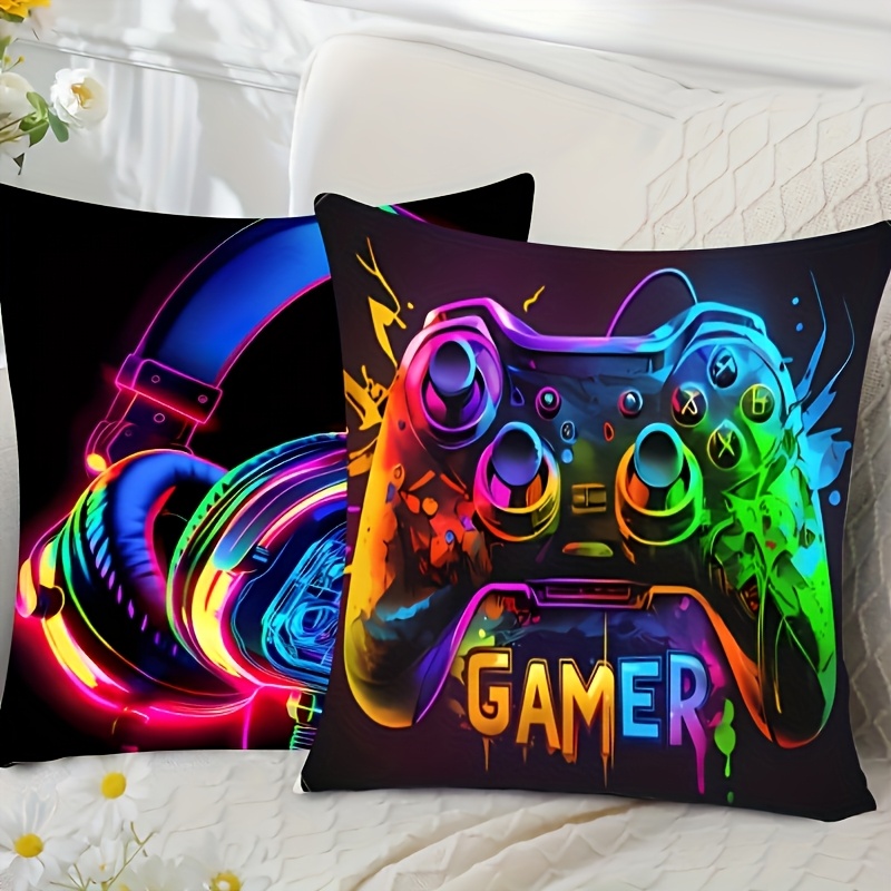 2pcs, 2d Gamer With Headphones Design Printed Pillowcase - Soft, Machine Washable Home Decor, Suitable For Living Room And Bedroom, Sofa Outdoor Cushion Cover (filling Not Included)