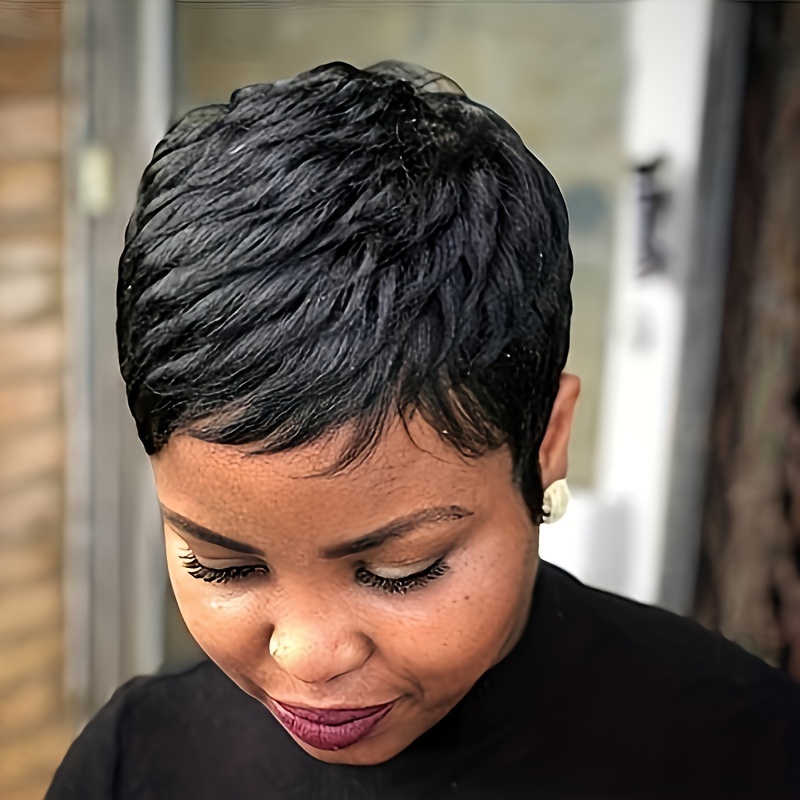 TEMU 150% Density Short Cut Human Hair Wig For Women - Straight, Full Machine Made, Soft Hair, Elegant Style, Black, Casual Attire, Short Hair Wig
