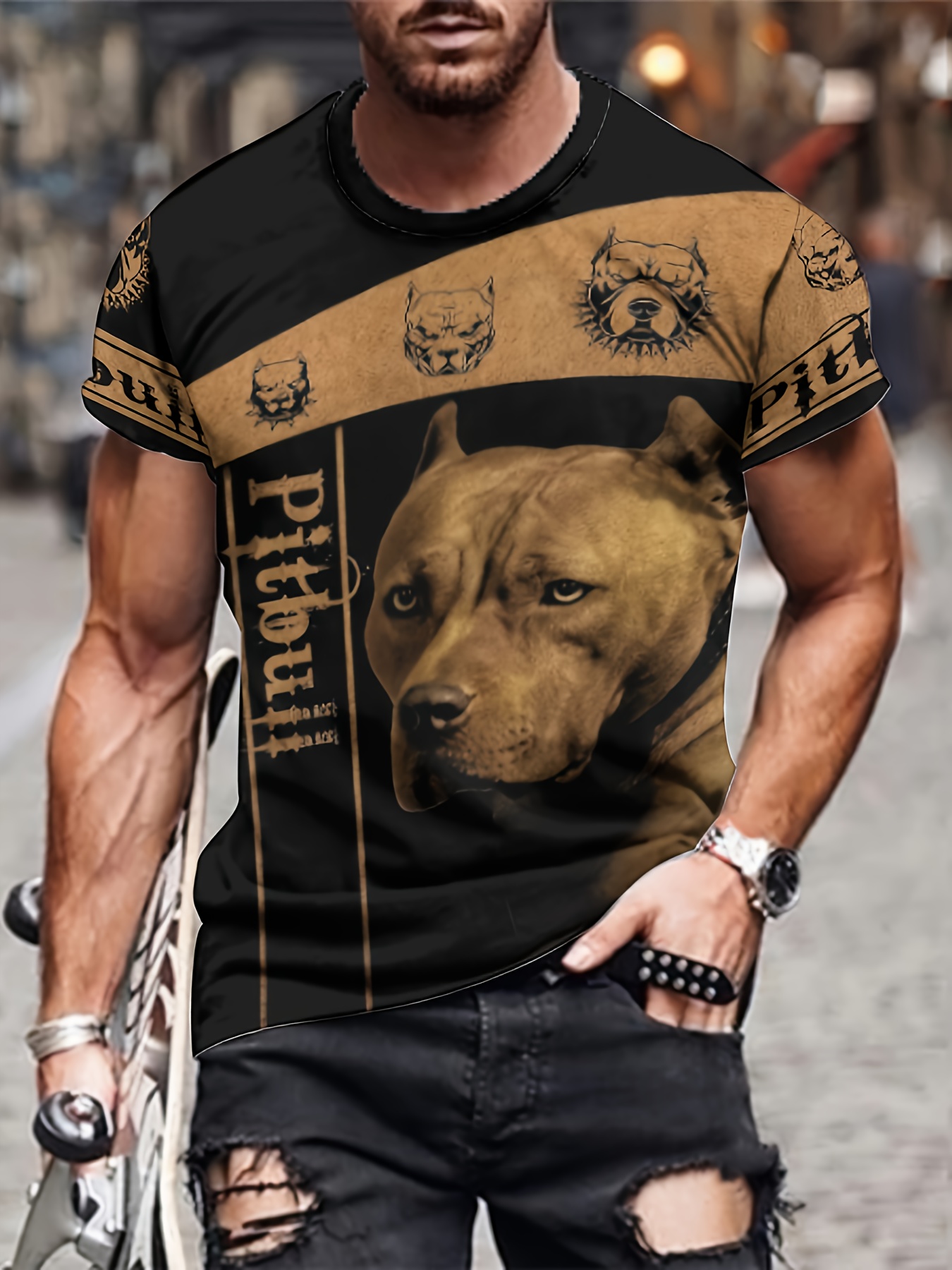 メンズ ピットブル犬フェイス 3DプリントTシャツ - リアルなピットブルグラフィック、半袖*カジュアル夏用Tシャツ、軽量＆洗濯機対応  ドッグラバー向けアパレル, image size:800x1067