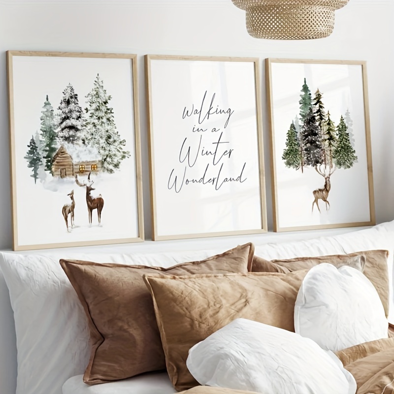 

3pcs Winter Wonderland Snowy Pine Trees Poster Deer Canvas Print For Room , Room Decor