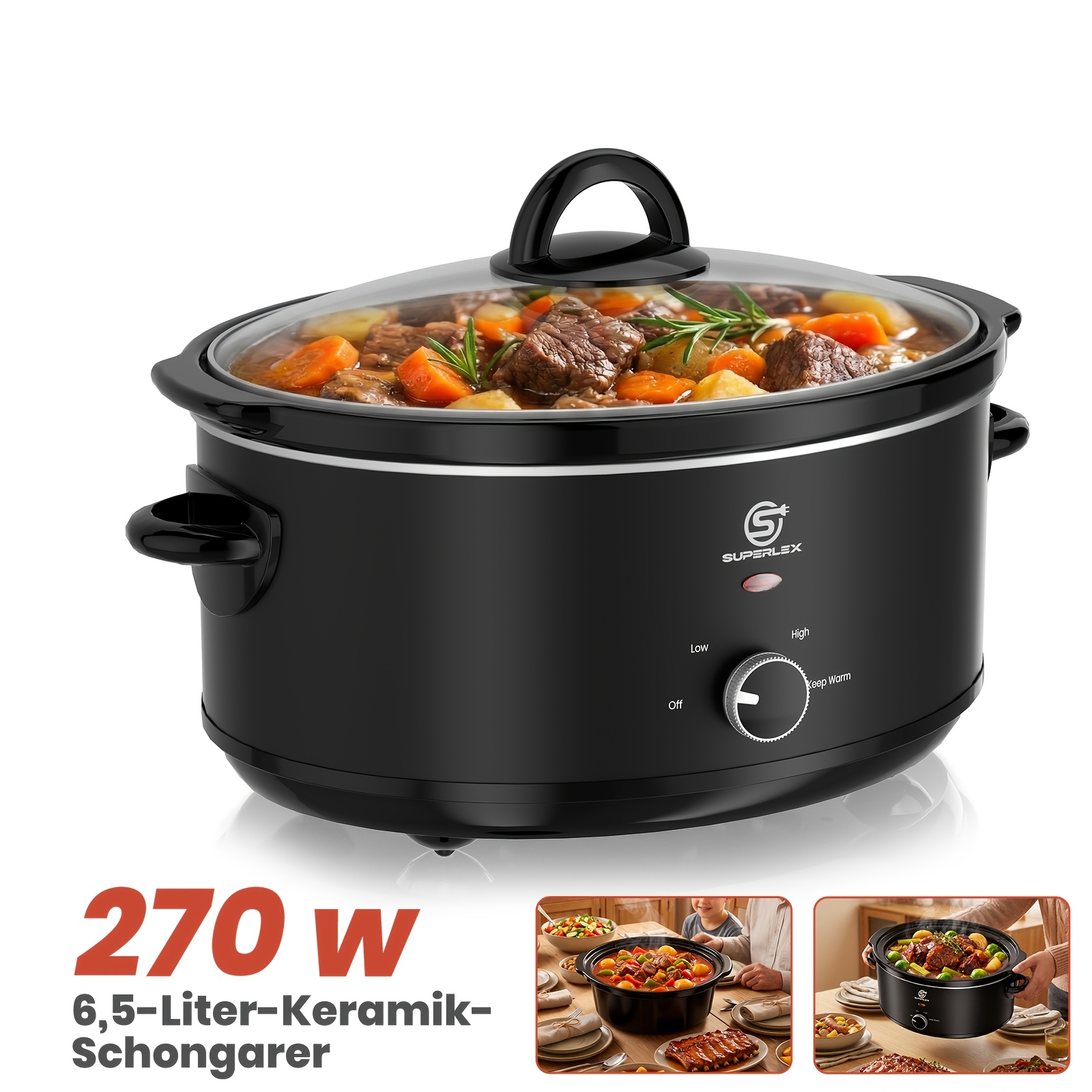 Image of Superlex 6.5l Oval Slow Cooker, 200-270w Ceramic Pot With Tempered Glass Lid, High/low/warm/off Cooking , Energy Efficient Slow Cooker For Soup Stew .