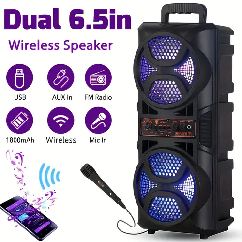 dual 8 inch portable wireless speaker with microphone colorful lights rechargeable high system for outdoor parties karaoke wireless 6 5 usb charging remote control outdoor audio equipment vibrant lighting dual speaker setup