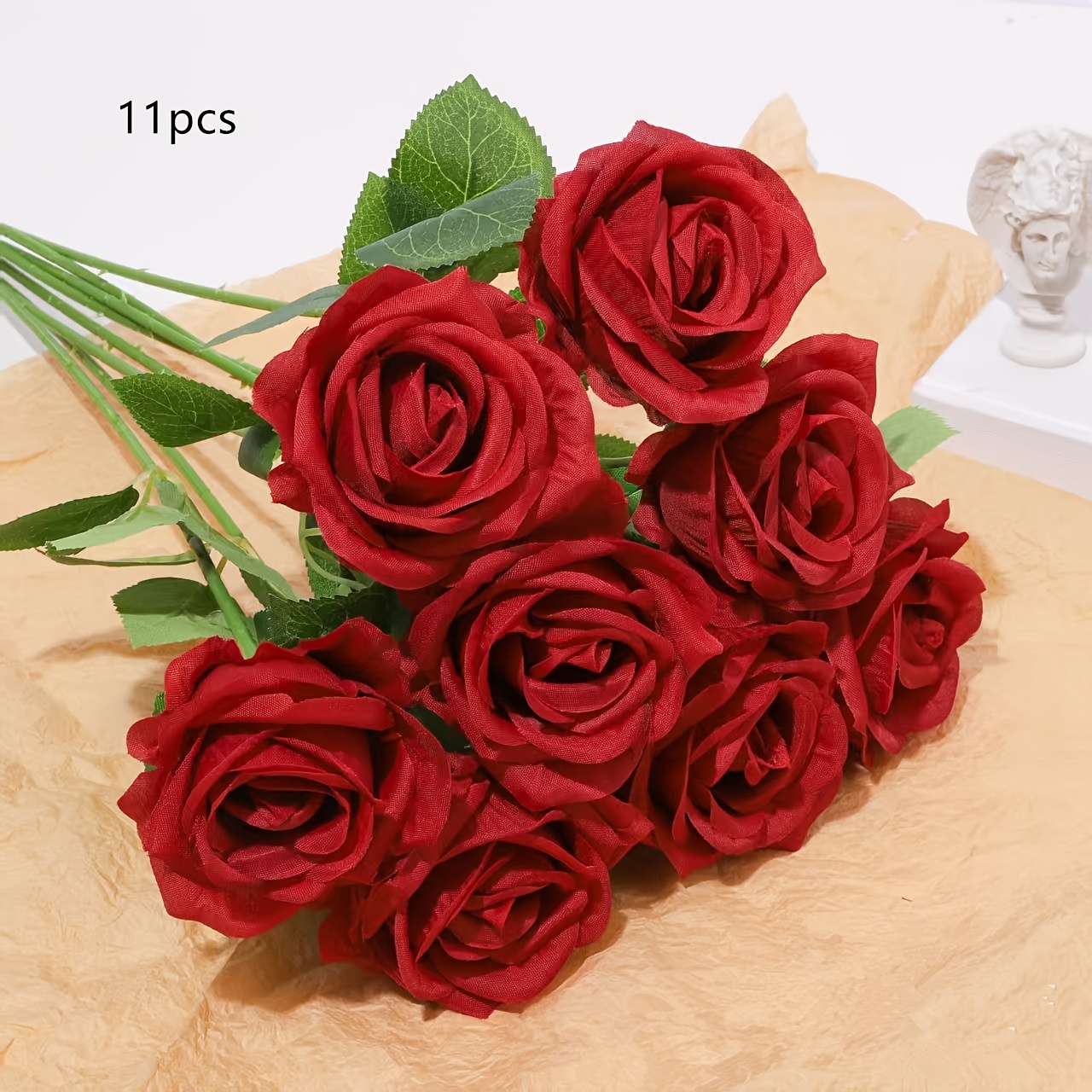 TEMU 11pcs Realistic Burgundy Red Artificial Roses Bouquet - Durable Fake Flowers For Weddings, Valentine's Day, Birthdays, Christmas, Mother's Day,