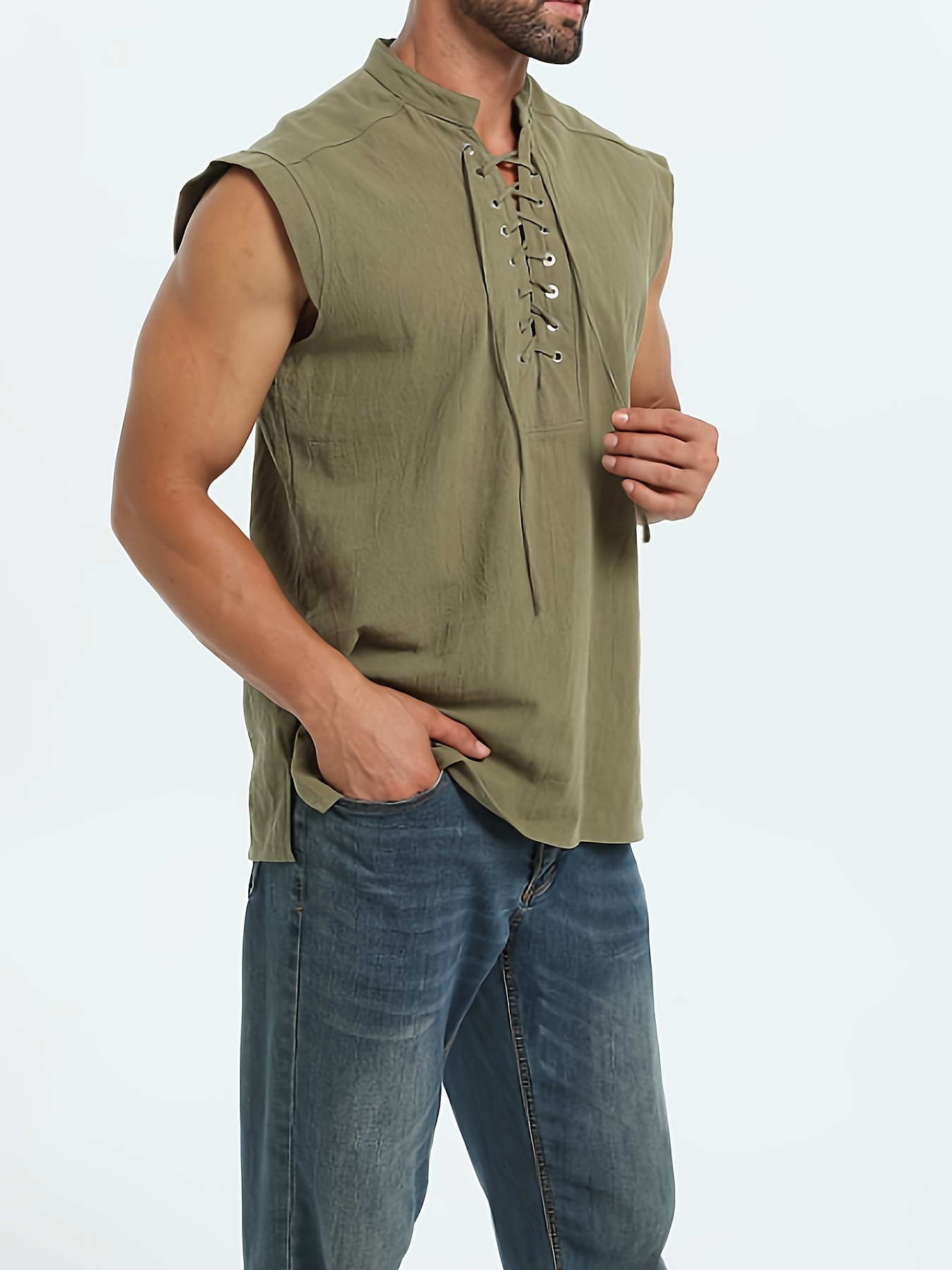Men's Plus Size Sleeveless Traditional Chinese Guizhou Shirt - Stand Collar Loose Fit with Drawstring & Button Front Closure, Olive Green Casual Retro Top for Spring Summer Fall, Machine Washable, PLUS SIZE