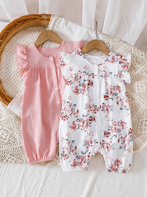 summer 2pcs set solid color retro all lotus leaf lace flying sleeve jumpsuit snap button design easy to put on and daily comfortable and easy short sleeved jumpsuit set for outdoor