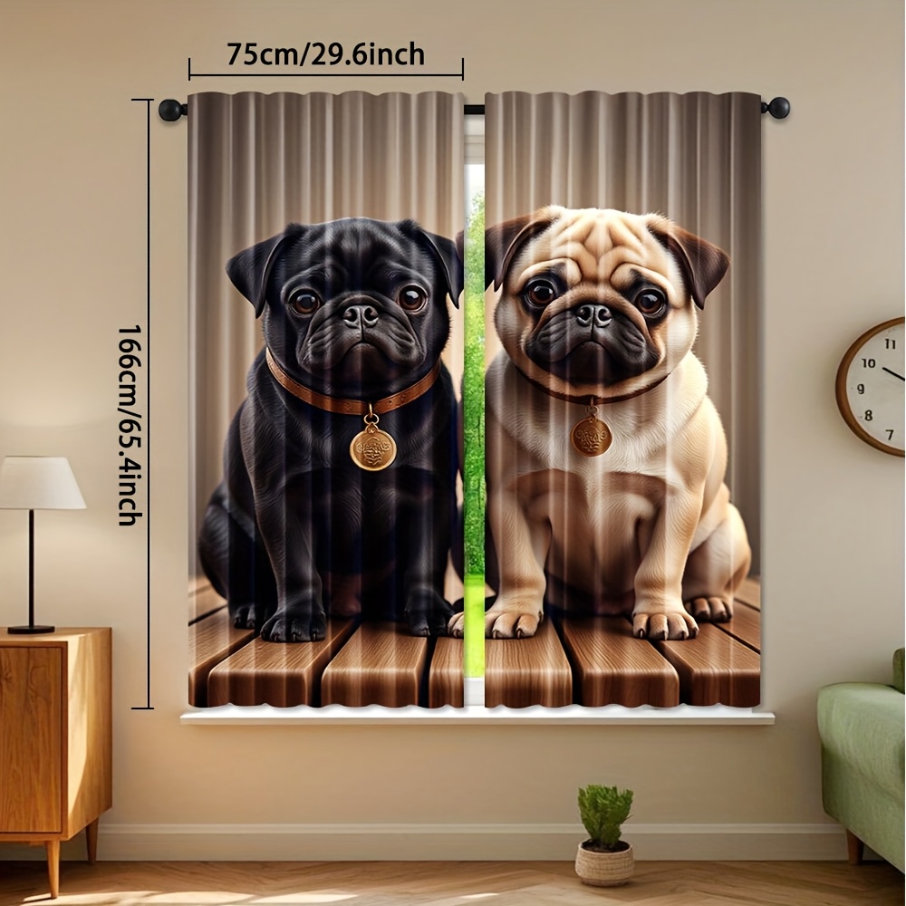 TEMU 2pcs Artistic Cute Pug Design Curtains - 100% Polyester Light Filtering Rod Pocket, Hd With 2 Adorable Pugs (black & Tan) For Bedroom, Living