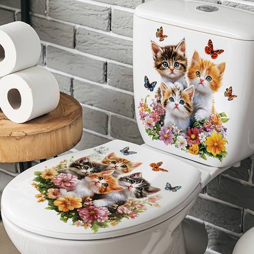 2 autocollants pour couvercle de toilette, chat - Décorations murales et assise WC