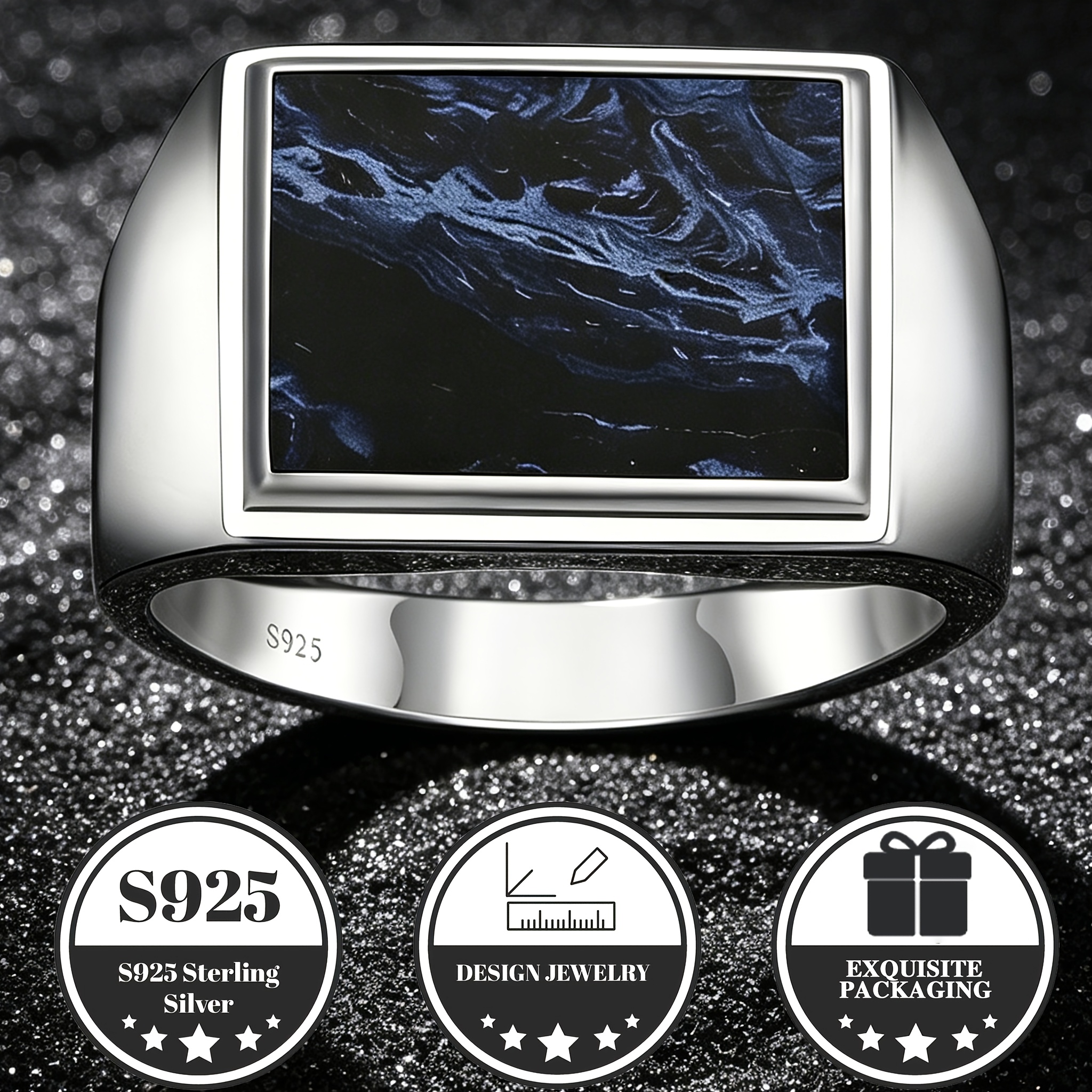 S925 925 Silver Ring| Square Blue Veined Gem, Sleek Polished Design, Hypoallergenic| Suitable For Daily Wear, Holiday Gifts, , Fathers & Dad| Statement Ring ( With Gift Box), Without Battery