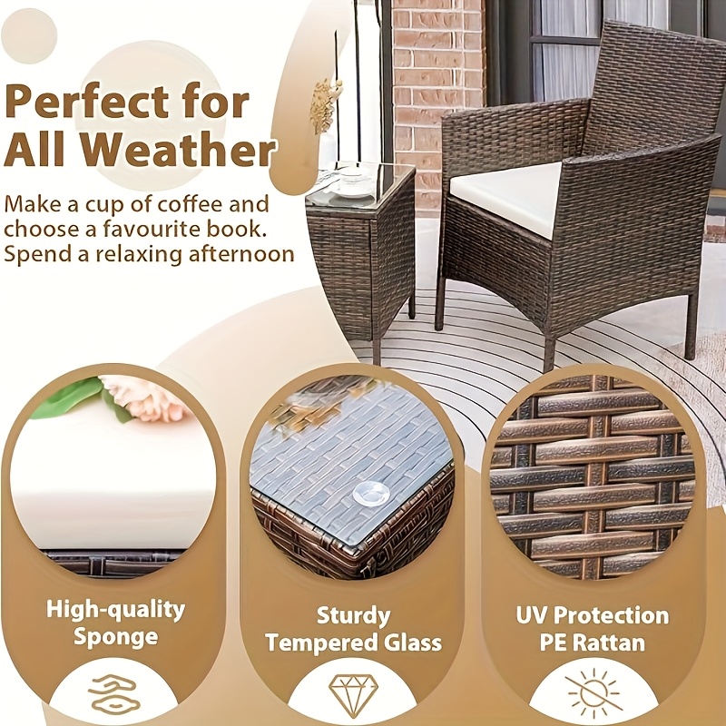3pcs Rattan Outdoor Patio Set Wicker Conversation Set with Cushion Glass Coffee Table