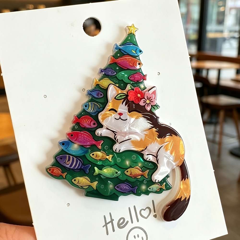 TEMU 1pc Cute Christmas Calico Cat Acrylic Brooch, Cartoon Christmas Tree And Little Fish Pin