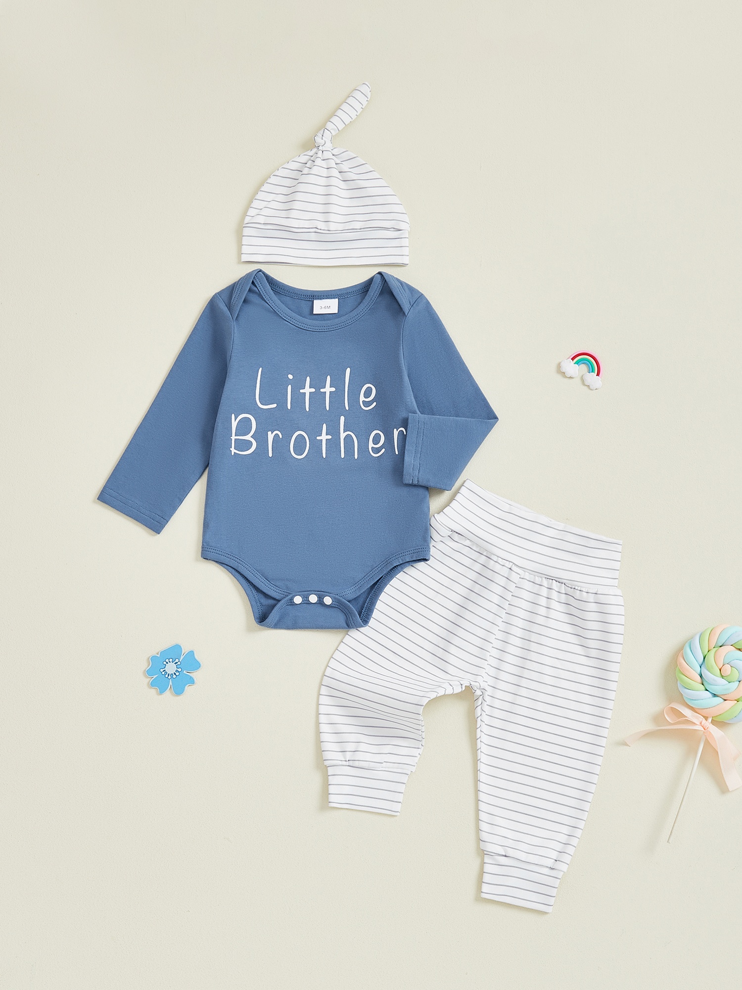 Newborn Boy Letter Print Long Sleeve Romper with Stripe Pants