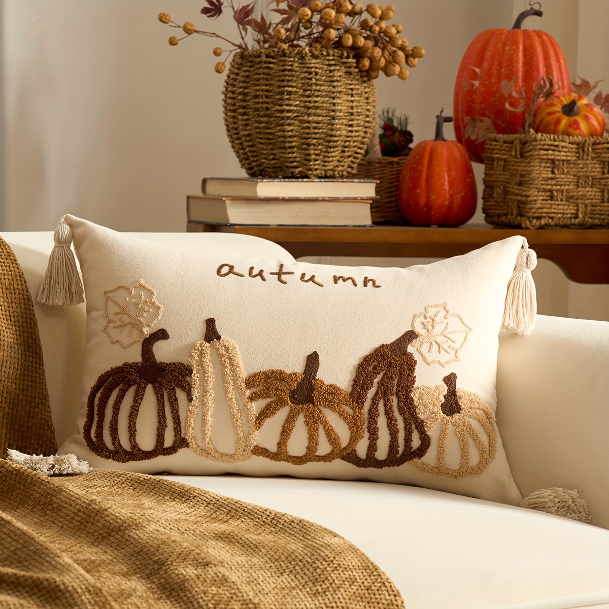 Orange-yellow And Brown- Maple Leaf And Pumpkin Pillowcases Suitable For Autumn, Thanksgiving Decor For Living Room And Room, Outdoor Garden Use Cushion Covers, Pillow Inserts Not Included