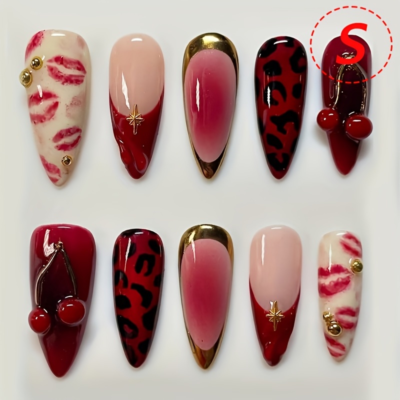 TEMU 10pcs Hand Worn Nail High-end Medium Almond False Nail 3d Cherry Charm Leopard Print And Powder Blusher Design Worn Repeatedly Delicate And