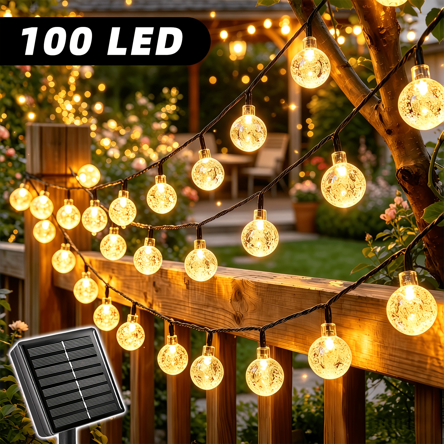 Image of Solar Led Outdoor String Lights, 12.2/7.2/5.2m Garden Fairy Lights With 100/50/20 Bubble Bulbs, 8 Lighting , Warm White/cool White/multicolor For Yard, Garden, Wedding, Party And Christmas Decoration