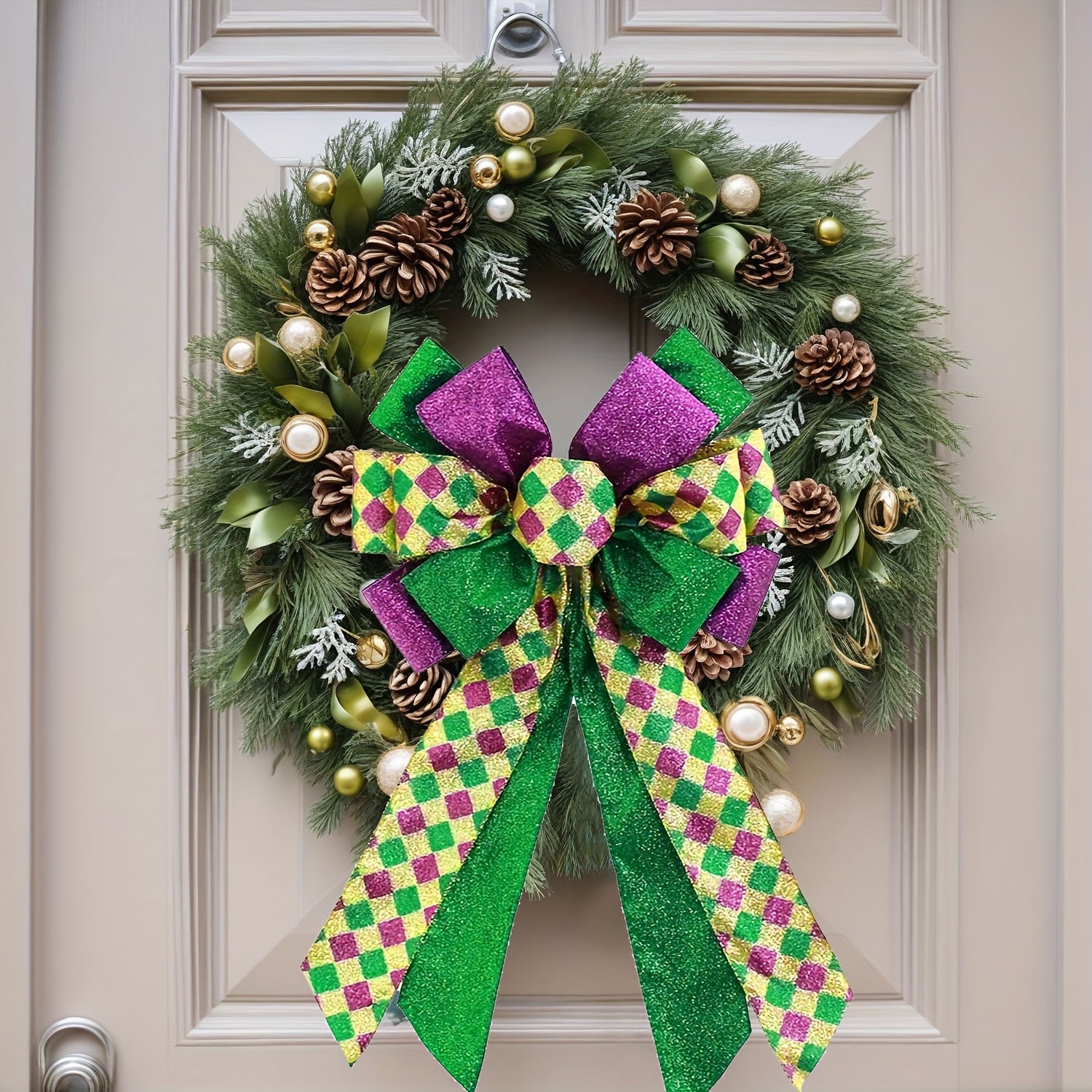 

1pc Mardi Gras Glitter Bow - Green & Purple Sparkle Wreath Decor For Carnival Party, Indoor/outdoor Door Accent