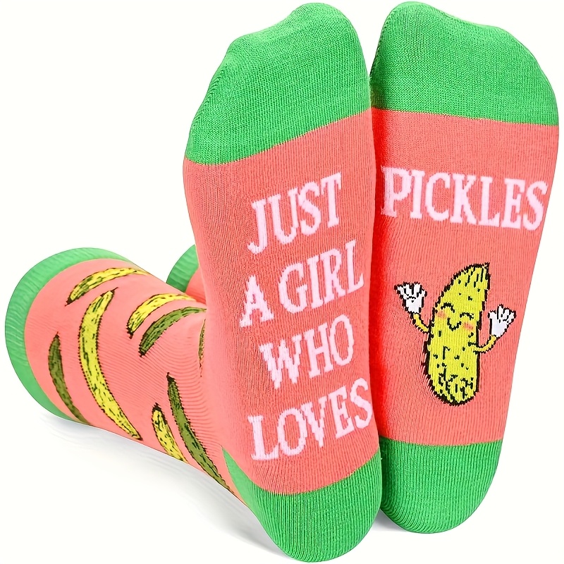 

1 Pair Women's Cotton Ankle Socks, Quirky " Who Pickles" Letter Pattern, Hand Washable Knit Fabric, 80% Cotton 20% Polyester, Fun Novelty Socks For Pickle Enthusiasts