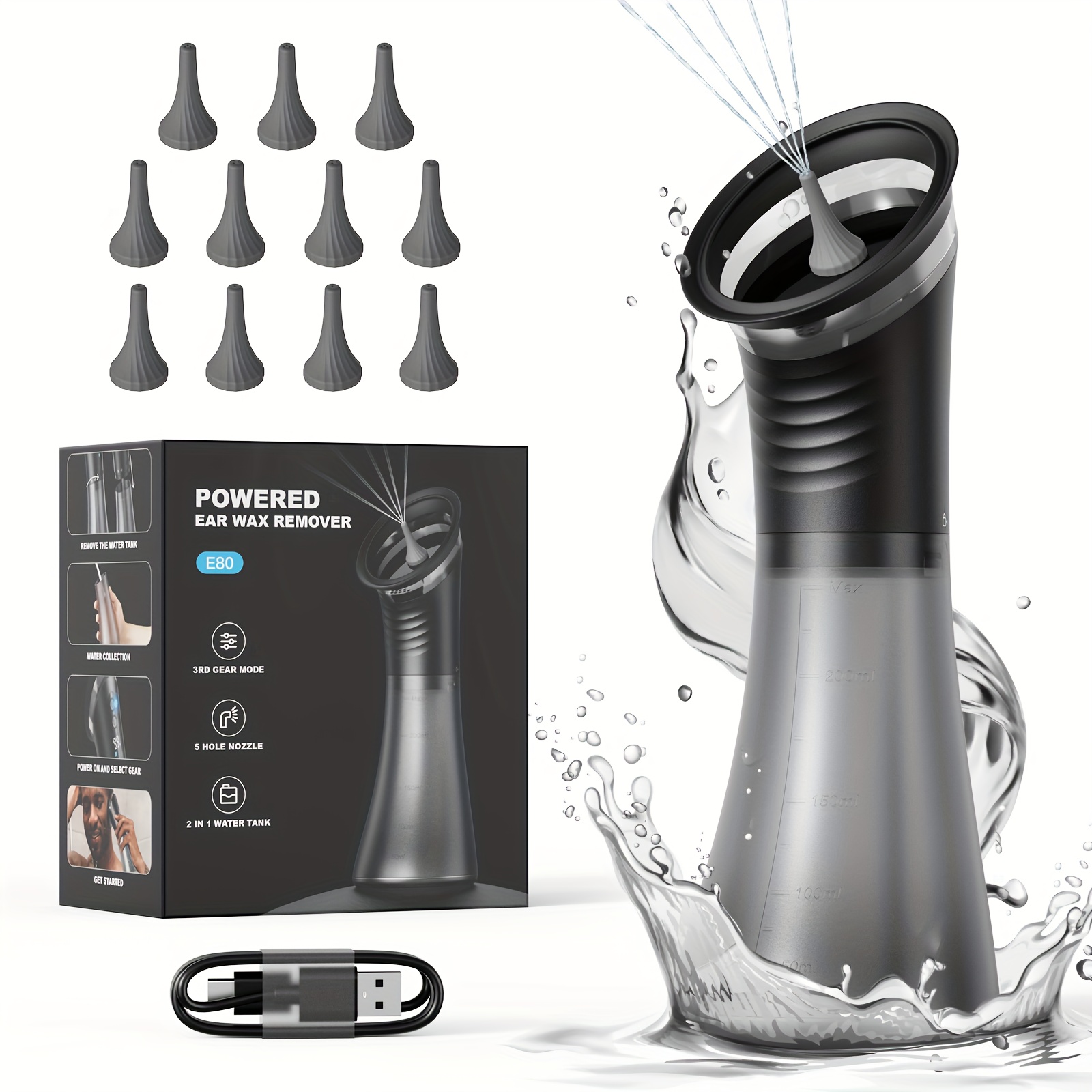 1pc Cleaner For Removing Earwax, Integrated Dry And Dirty Storage, Replaceable Nozzle, With 11 Replacement Heads, Usb Rechargeable, Sewage Recovery Window For Earwax Removal, Ipx7