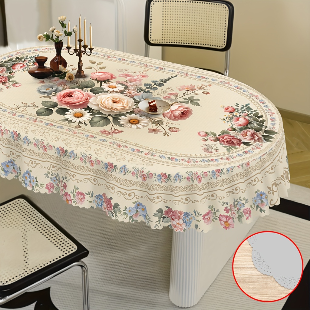 TEMU 1pc 2d Vintage Floral Tablecloth Suitable For Spring And Summer Decor, Pink Rose Hydrangea Sunflower Design With Lace Edging, Machine-washable