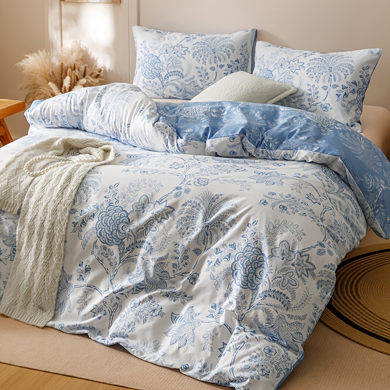 TEMU 3pcs Blue Floral Duvet Cover Set - Includes 1 Duvet Cover & 2 Pillowcases, Breathable Polyester, Machine Washable - Perfect For