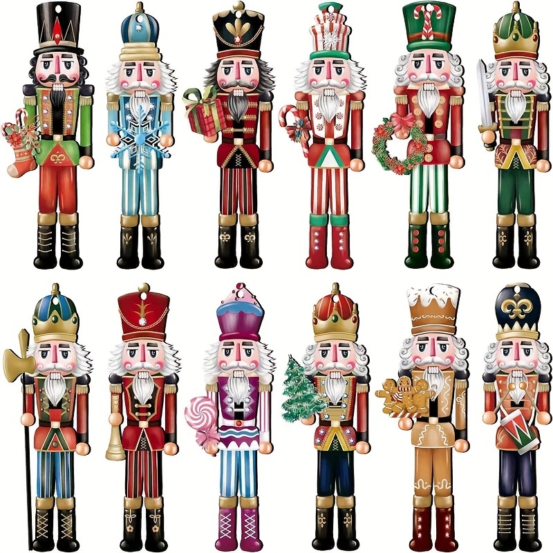 

12-piece Set Nutcracker Ornament Christmas Decorations - Style Wooden Hanging Figures For Holiday , Log Nutcracker Soldiers, No Battery Required