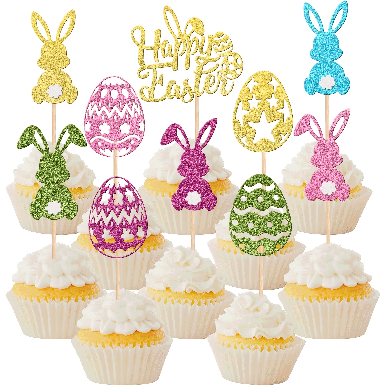 10pcs Easter Rabbit Cupcake Toppers Glitter Colorful Bunny Egg Cupcake Picks Spring Theme Babyshower Birthday Party Cake Decorations Supplies